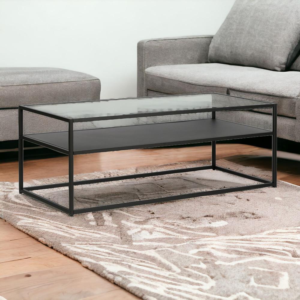 46" Black Glass And Steel Coffee Table With Shelf. Picture 2