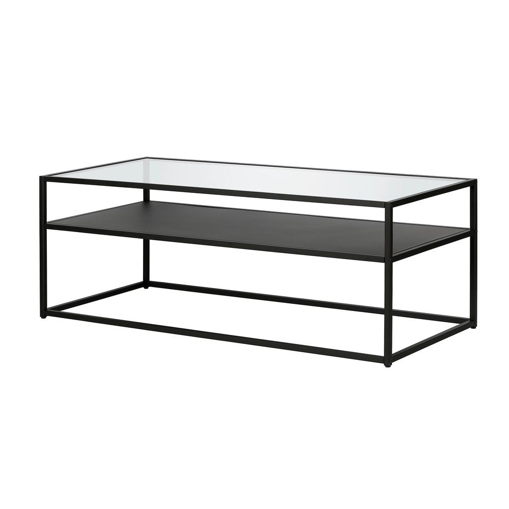 46" Black Glass And Steel Coffee Table With Shelf. Picture 4