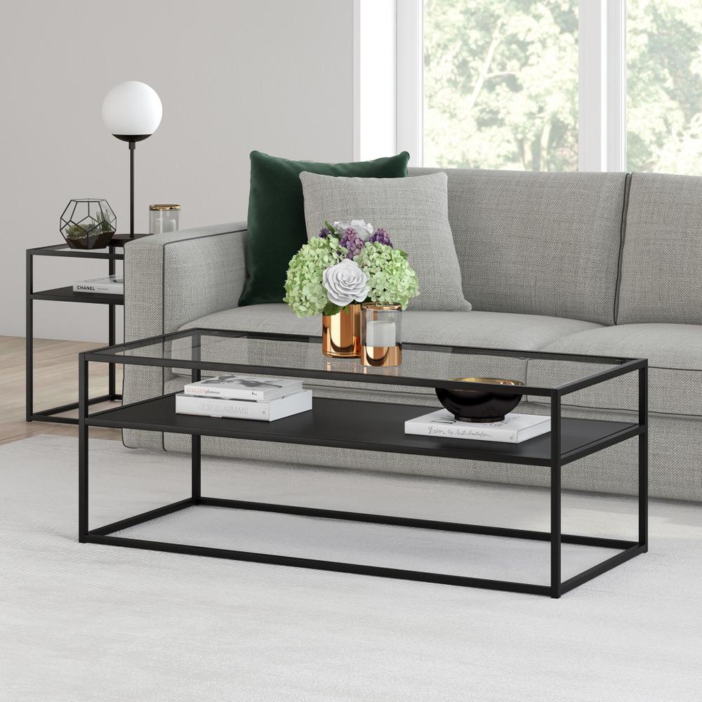 46" Black Glass And Steel Coffee Table With Shelf. Picture 7