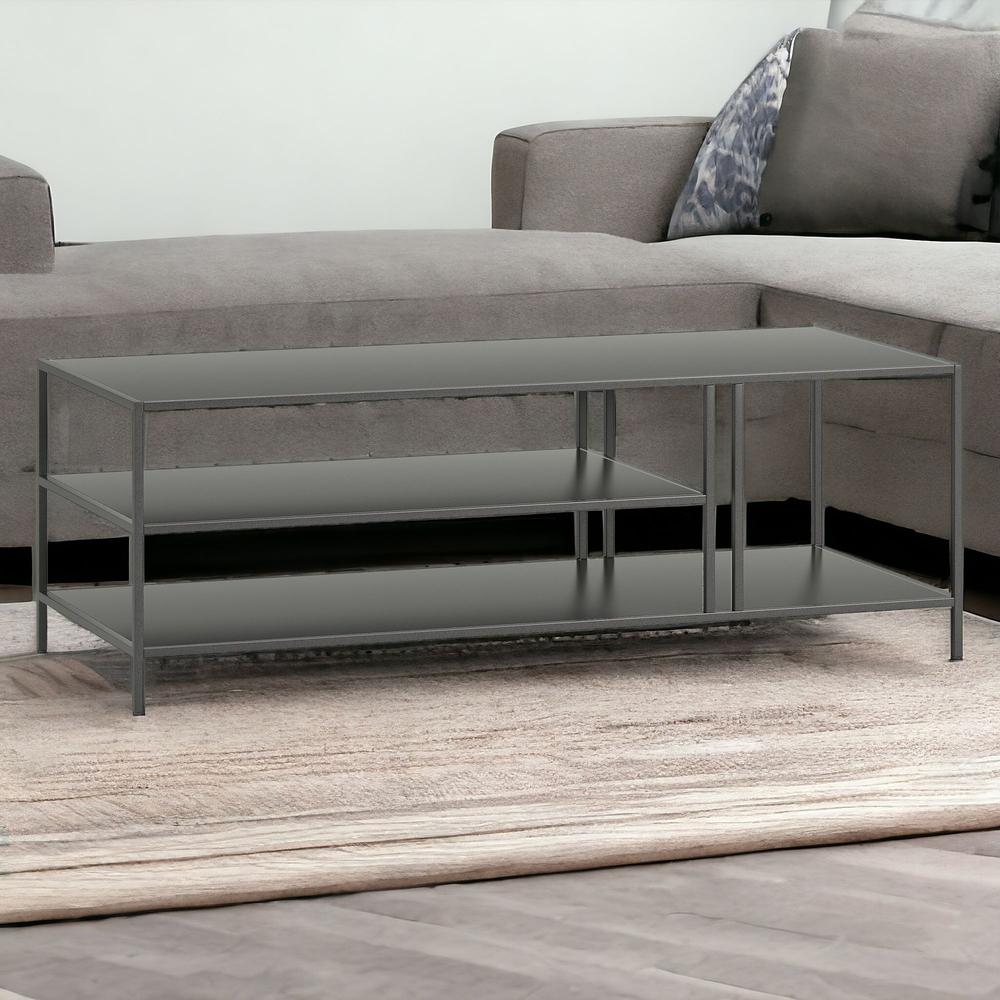 48" Gray Steel Coffee Table With Two Shelves. Picture 2