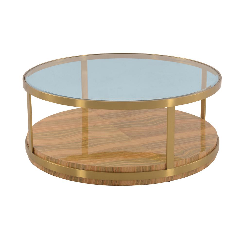 43" Clear And Natural Glass And Metal Round Coffee Table With Shelf. Picture 1