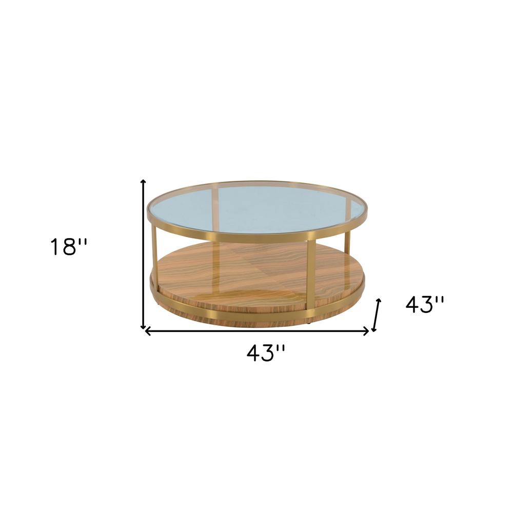 43" Clear And Natural Glass And Metal Round Coffee Table With Shelf. Picture 8