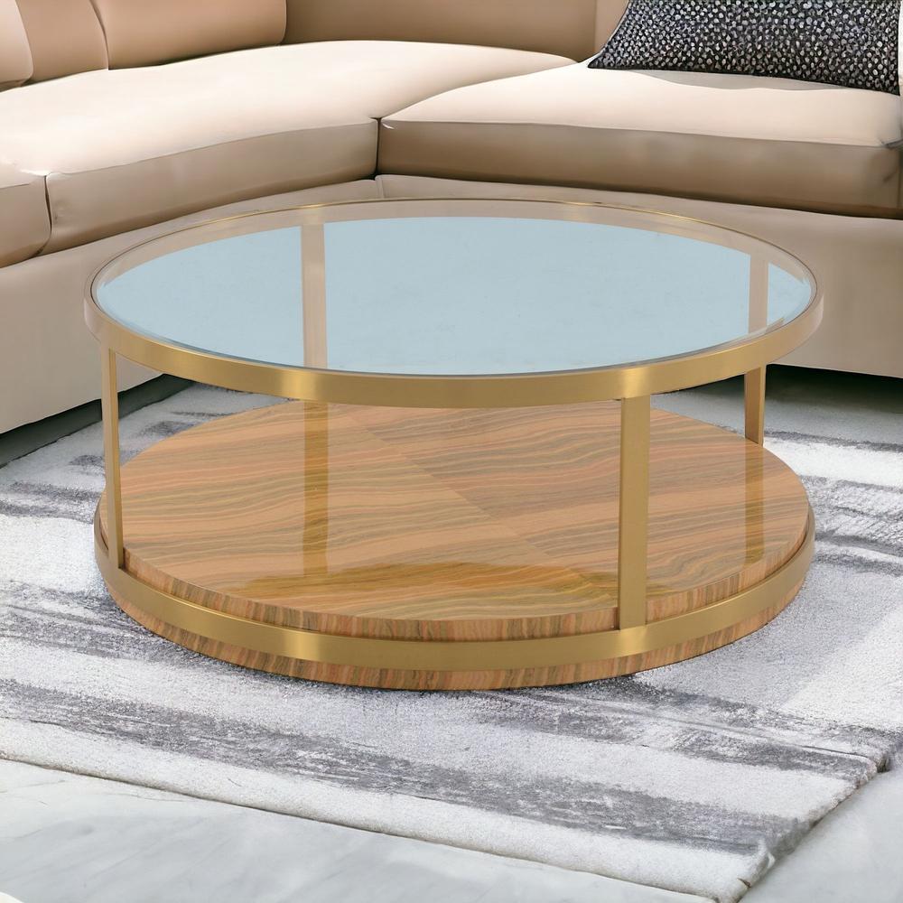 43" Clear And Natural Glass And Metal Round Coffee Table With Shelf. Picture 2