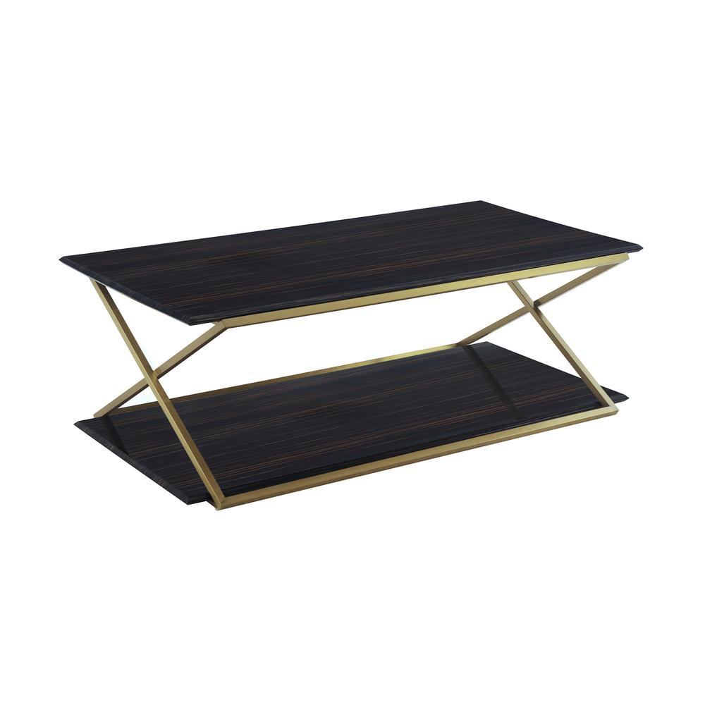 51" Dark Brown And Gold Metal Coffee Table With Shelf. Picture 1