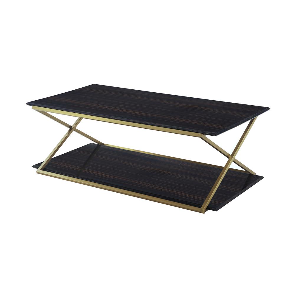 51" Dark Brown And Gold Metal Coffee Table With Shelf. Picture 3