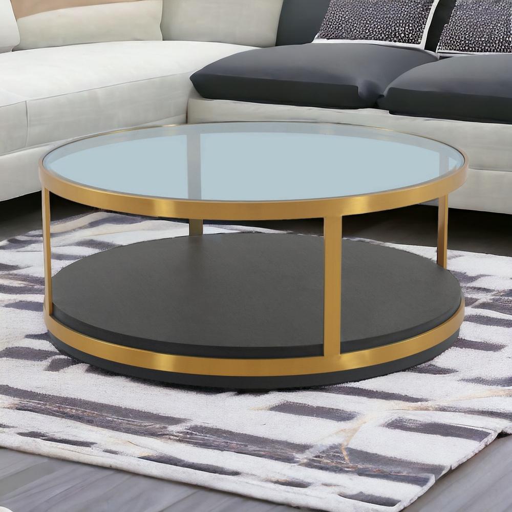 43" Clear And Black Solid Wood Round Coffee Table With Shelf. Picture 2