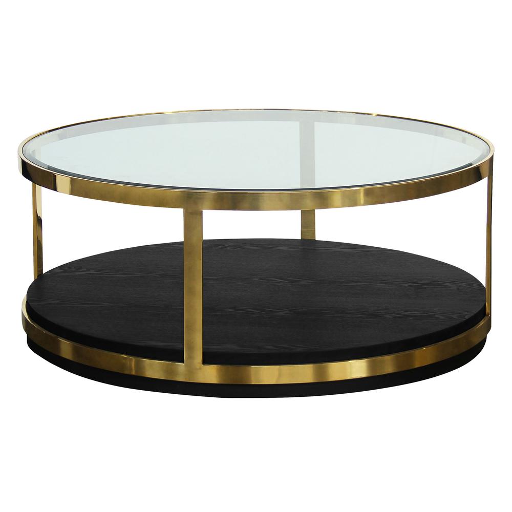 44" Black And Gold Glass And Metal Round Coffee Table With Shelf. Picture 1