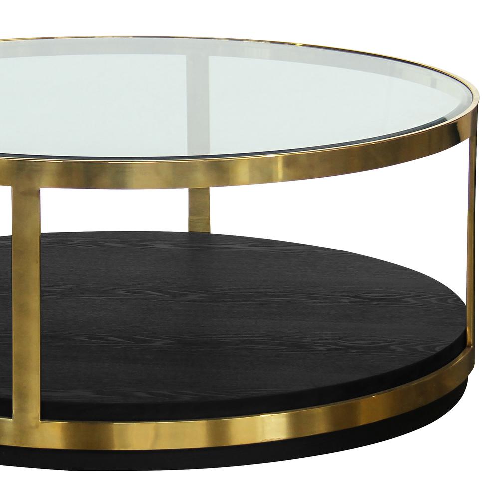 44" Black And Gold Glass And Metal Round Coffee Table With Shelf. Picture 3
