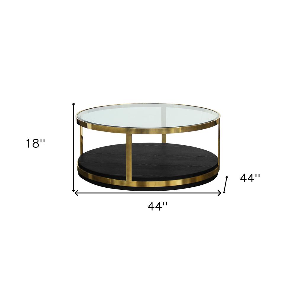 44" Black And Gold Glass And Metal Round Coffee Table With Shelf. Picture 5