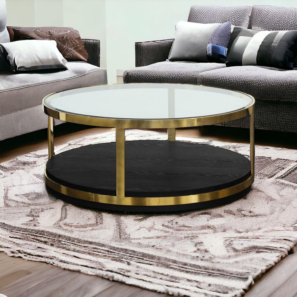 44" Black And Gold Glass And Metal Round Coffee Table With Shelf. Picture 2