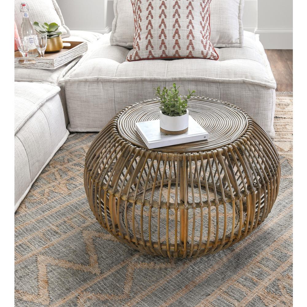 32" Natural Rattan Round Distressed Coffee Table. Picture 4