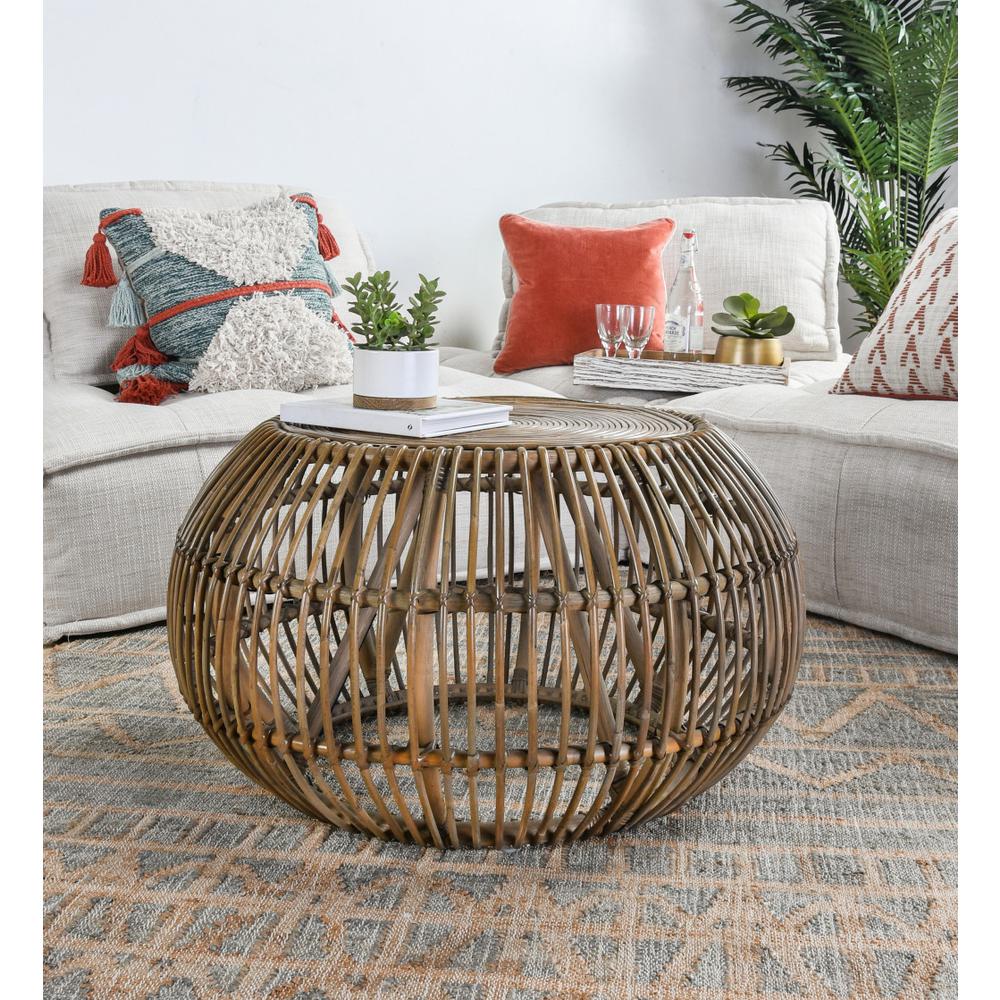 32" Natural Rattan Round Distressed Coffee Table. Picture 5