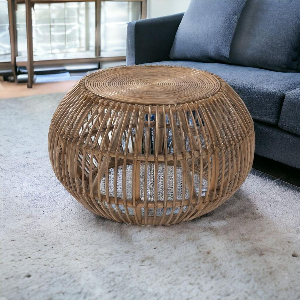 32" Natural Rattan Round Distressed Coffee Table. Picture 2