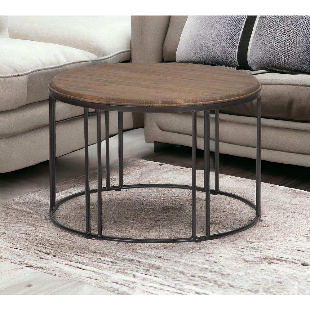 28" Brown And Black Solid Wood Round Distressed Coffee Table. Picture 2