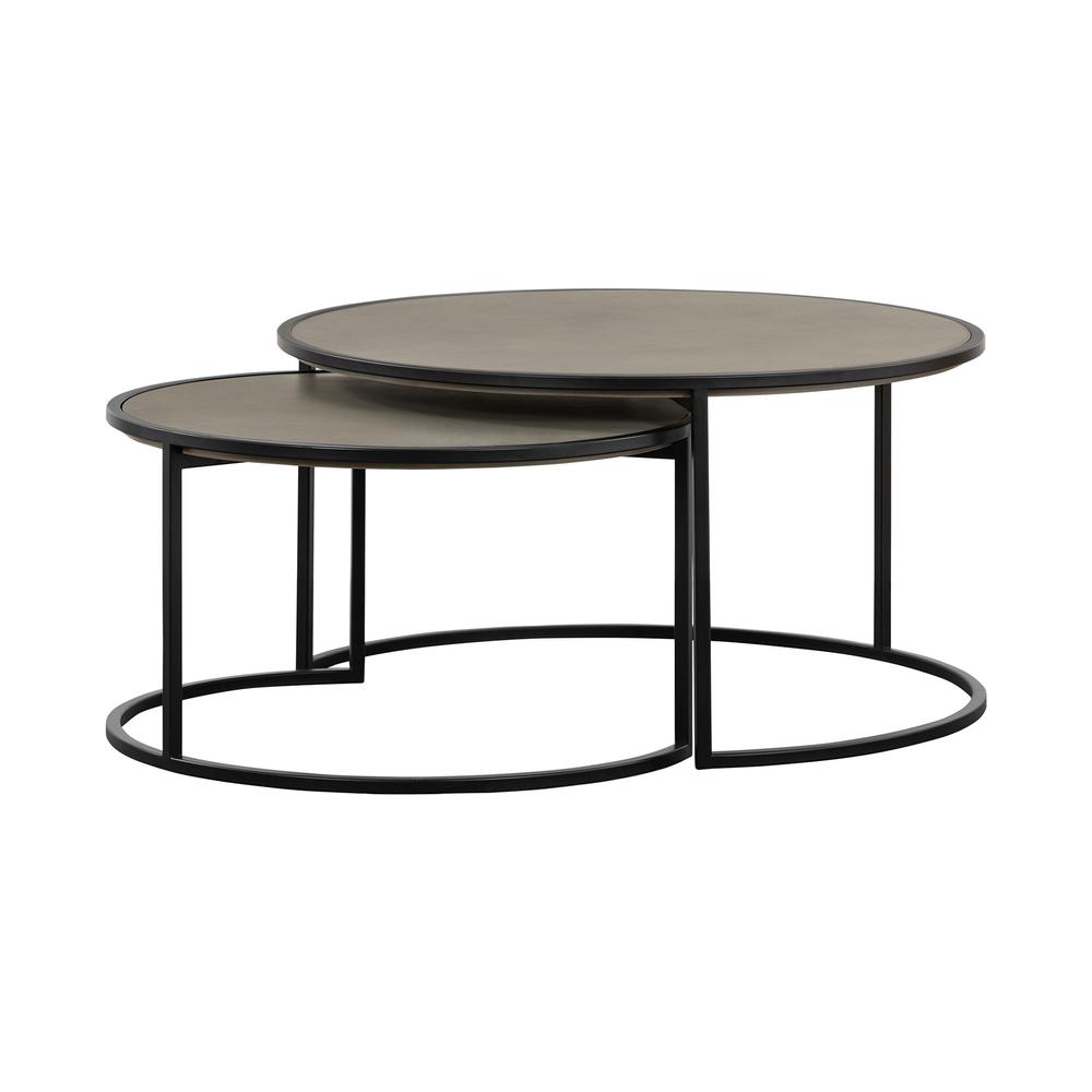 Set of Two 32" Gray And Black Concrete And Metal Round Nested Coffee Tables. Picture 1