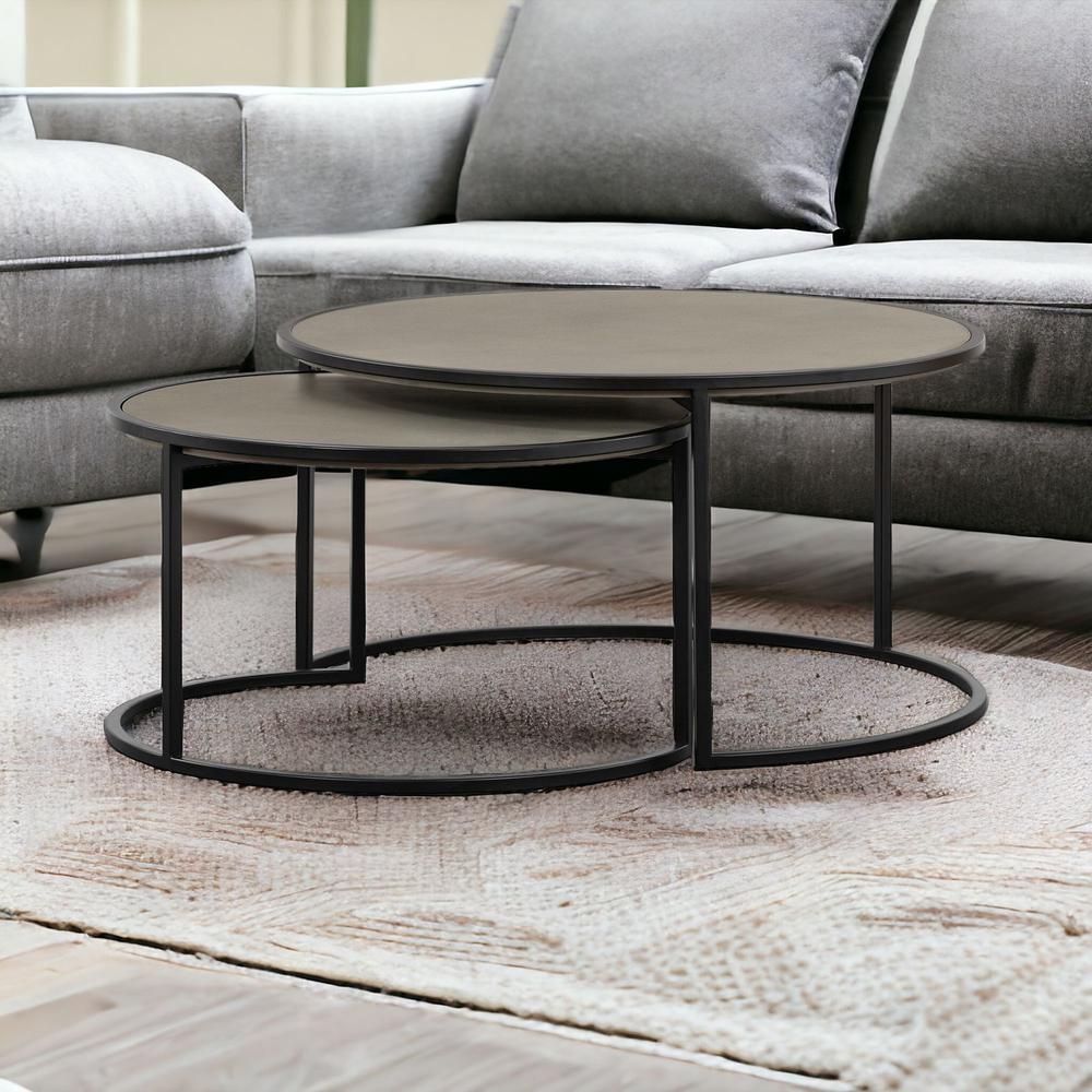 Set of Two 32" Gray And Black Concrete And Metal Round Nested Coffee Tables. Picture 2