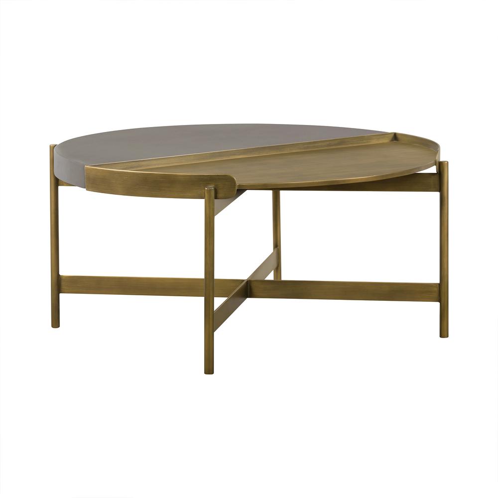 32" Brass Concrete And Brass Round Coffee Table. Picture 1