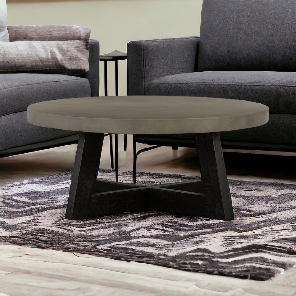 36" Gray And Black Concrete And Solid Wood Round Coffee Table. Picture 2