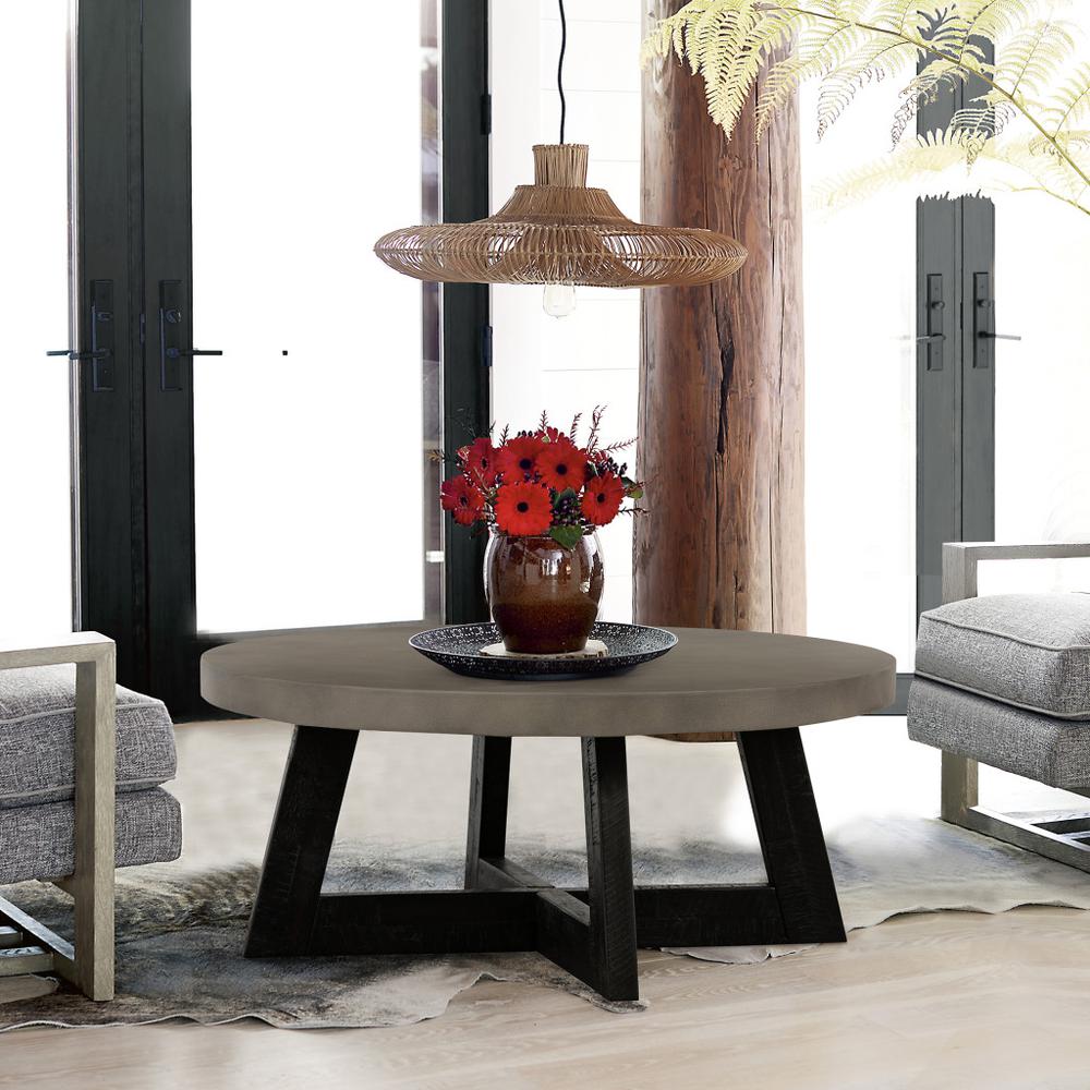36" Gray And Black Concrete And Solid Wood Round Coffee Table. Picture 8