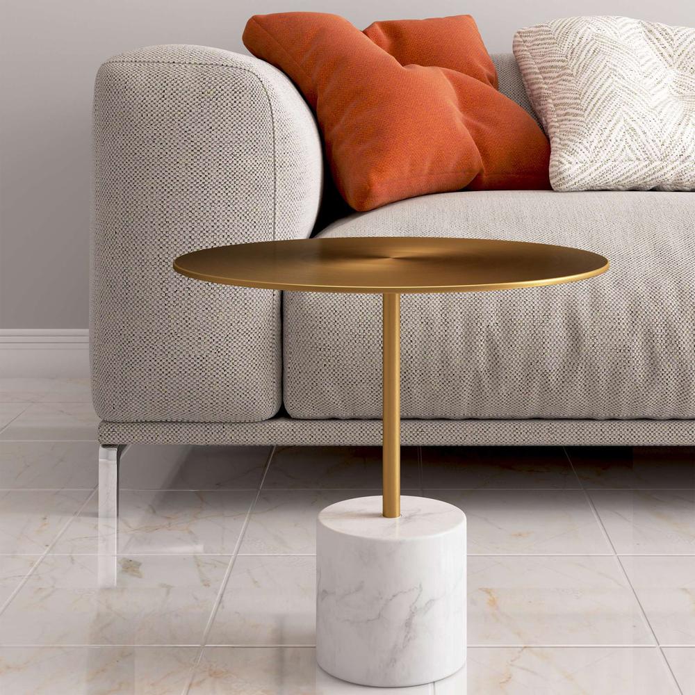 17" Gold And White Steel And Stone Round Coffee Table. Picture 6
