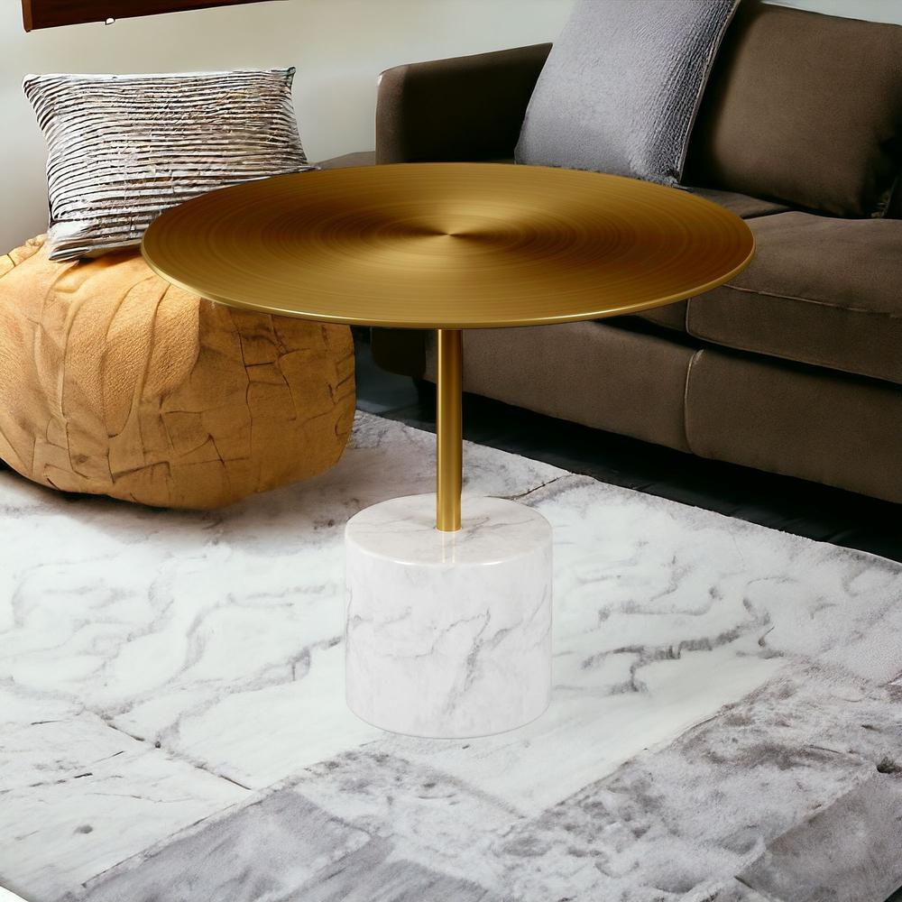 17" Gold And White Steel And Stone Round Coffee Table. Picture 2
