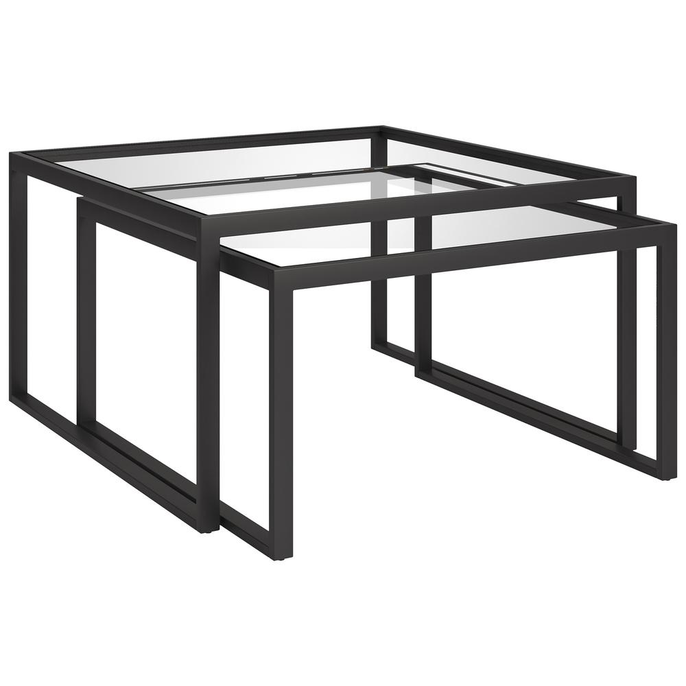 Set of Two 30" Black Glass And Steel Square Nested Coffee Tables. Picture 1