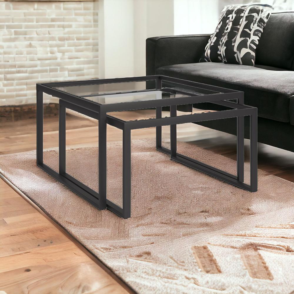 Set of Two 30" Black Glass And Steel Square Nested Coffee Tables. Picture 2