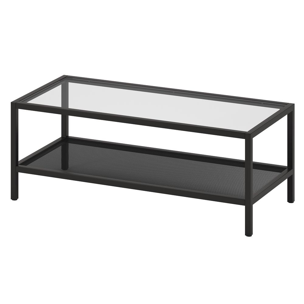 45" Black Glass And Steel Coffee Table With Shelf. Picture 5