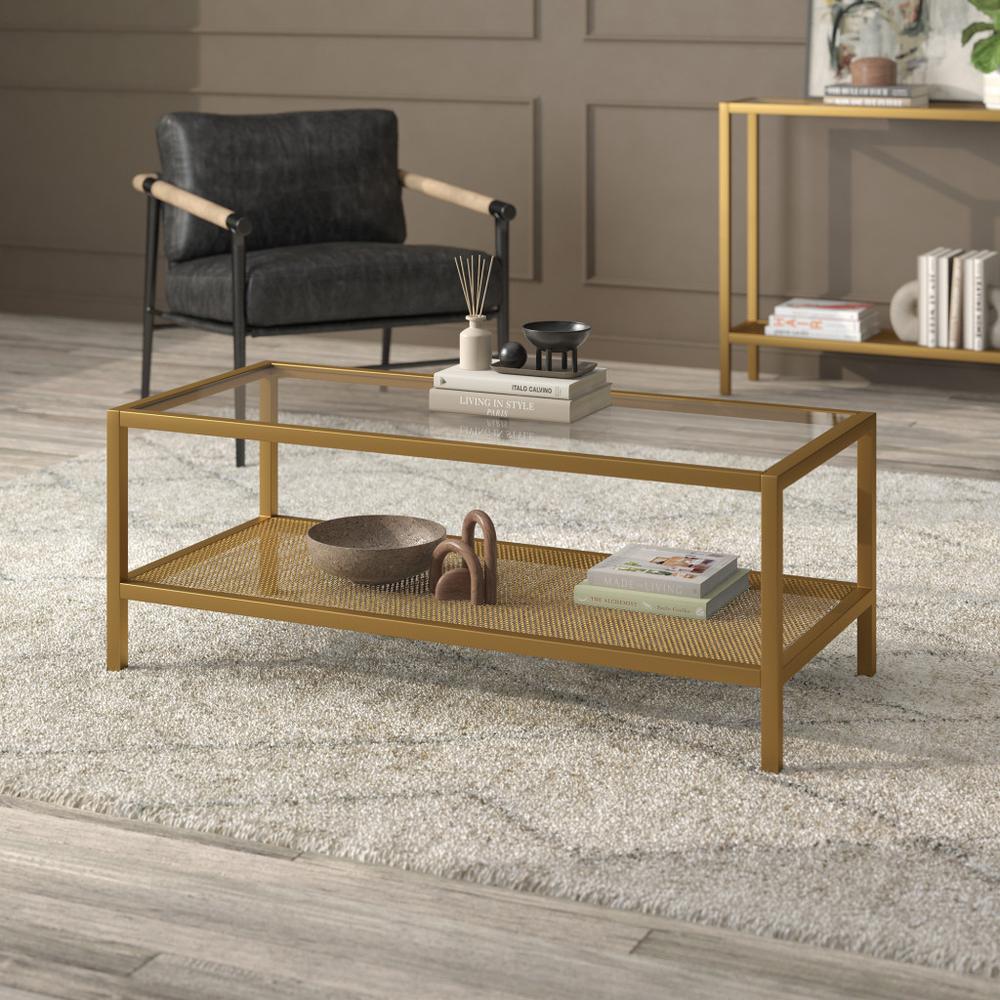 45" Gold Glass And Steel Coffee Table With Shelf. Picture 6