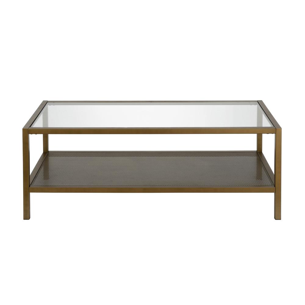 45" Gold Glass And Steel Coffee Table With Shelf. Picture 5