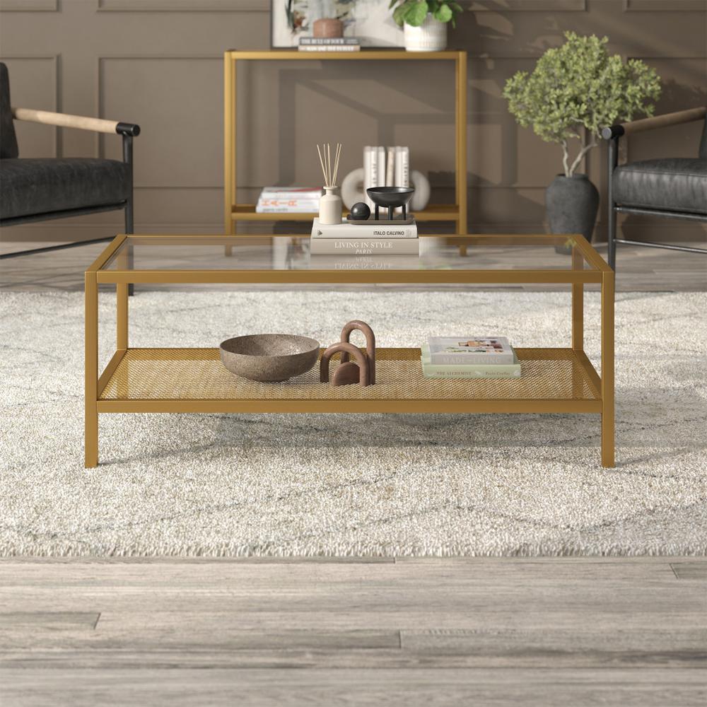 45" Gold Glass And Steel Coffee Table With Shelf. Picture 7