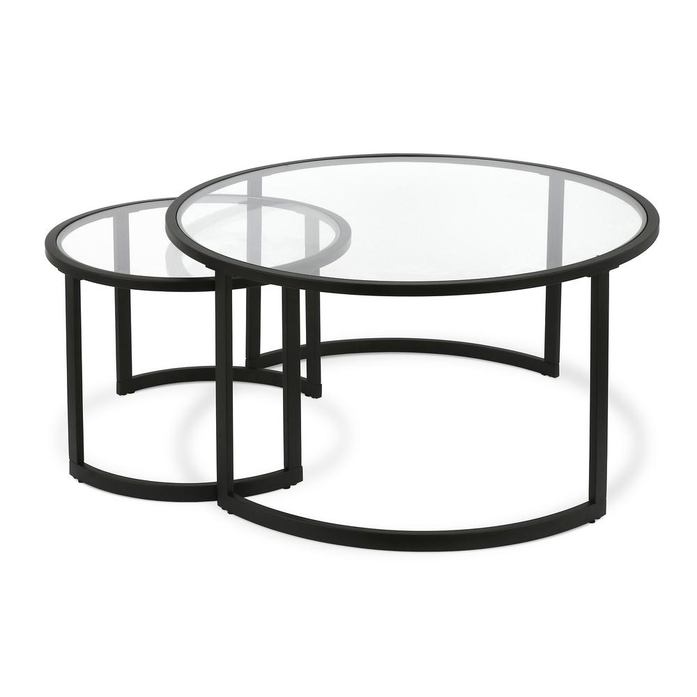 Set of Two 36" Black Glass And Steel Round Nested Coffee Tables. Picture 1