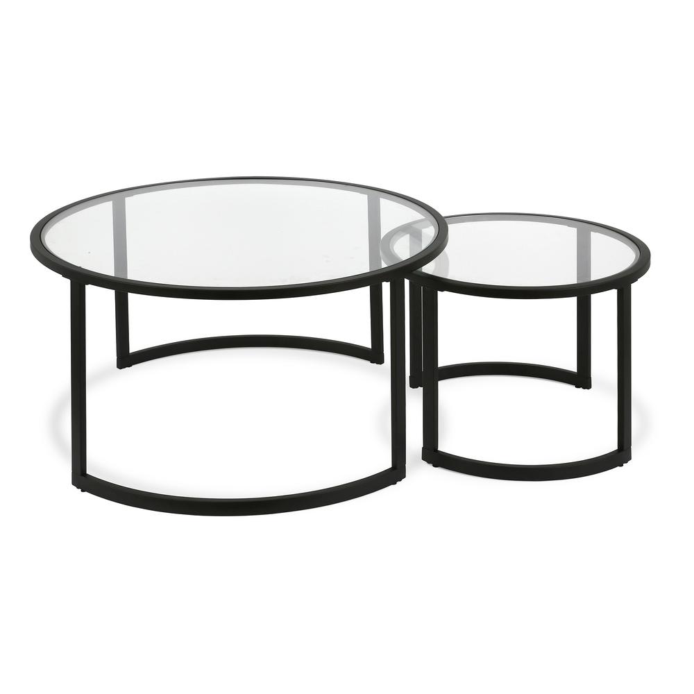 Set of Two 36" Black Glass And Steel Round Nested Coffee Tables. Picture 5