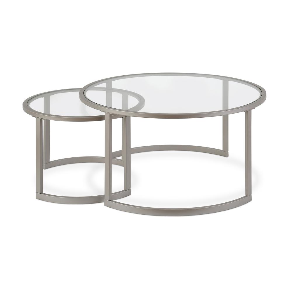 Set of Two 36" Nickel Glass And Steel Round Nested Coffee Tables. Picture 1