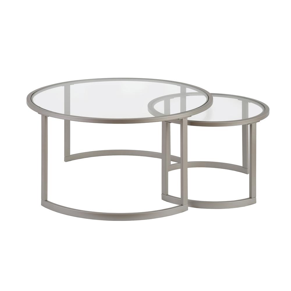 Set of Two 36" Nickel Glass And Steel Round Nested Coffee Tables. Picture 4