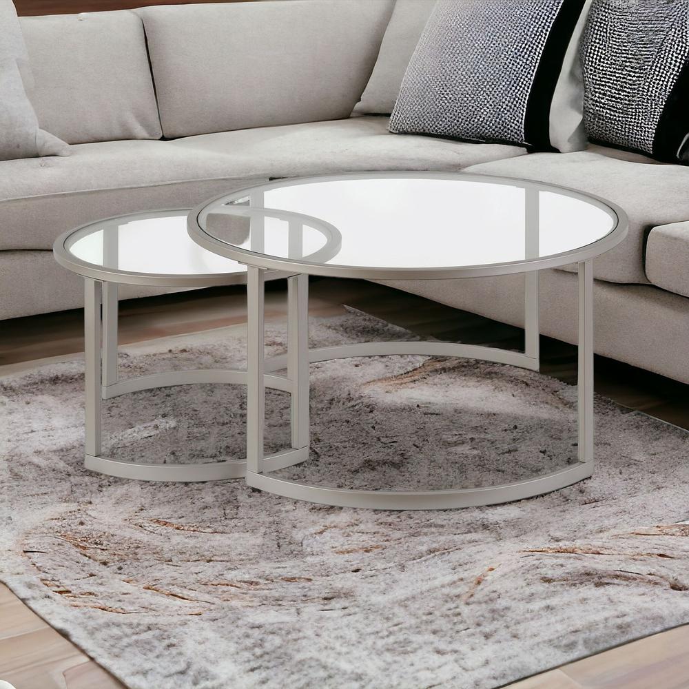 Set of Two 36" Nickel Glass And Steel Round Nested Coffee Tables. Picture 2
