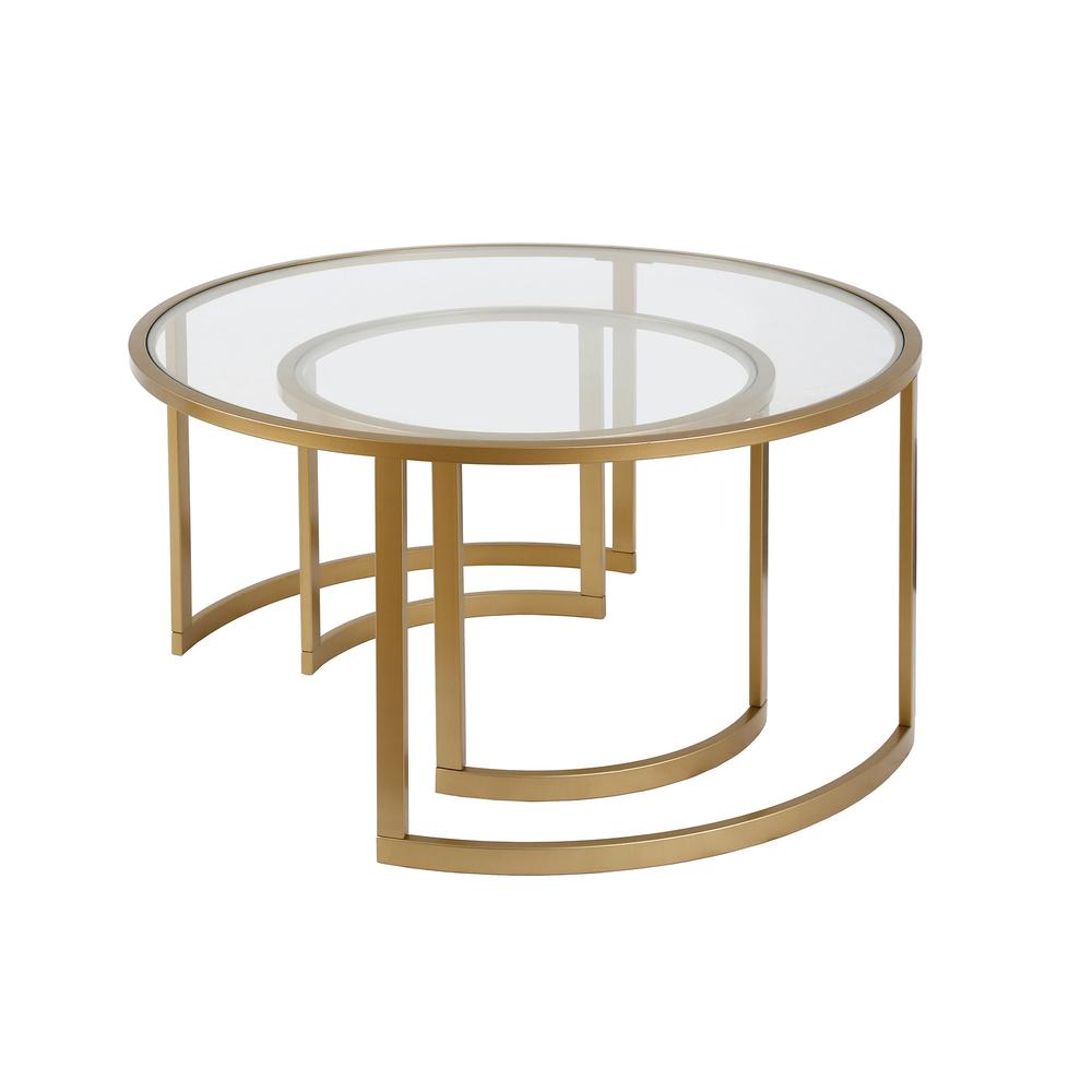 Set of Two 36" Gold Glass And Steel Round Nested Coffee Tables. Picture 3