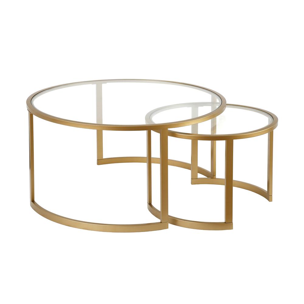 Set of Two 36" Gold Glass And Steel Round Nested Coffee Tables. Picture 4