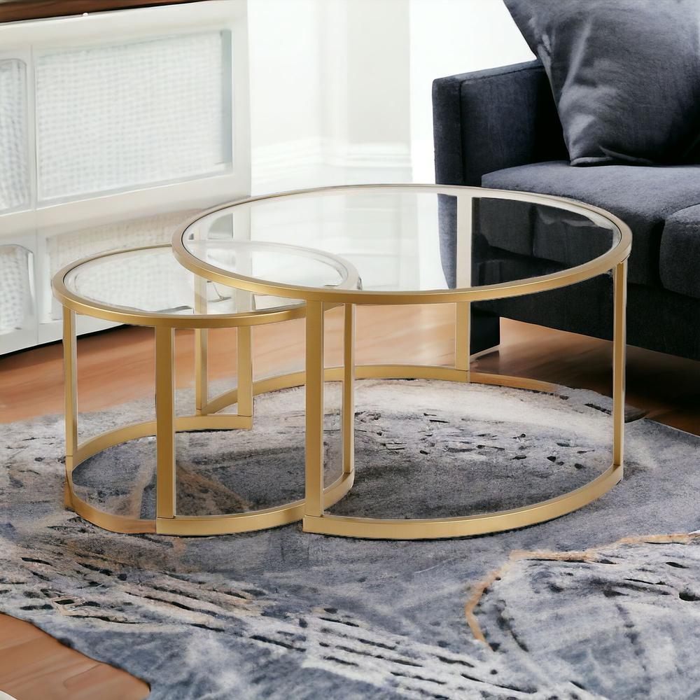 Set of Two 36" Gold Glass And Steel Round Nested Coffee Tables. Picture 2