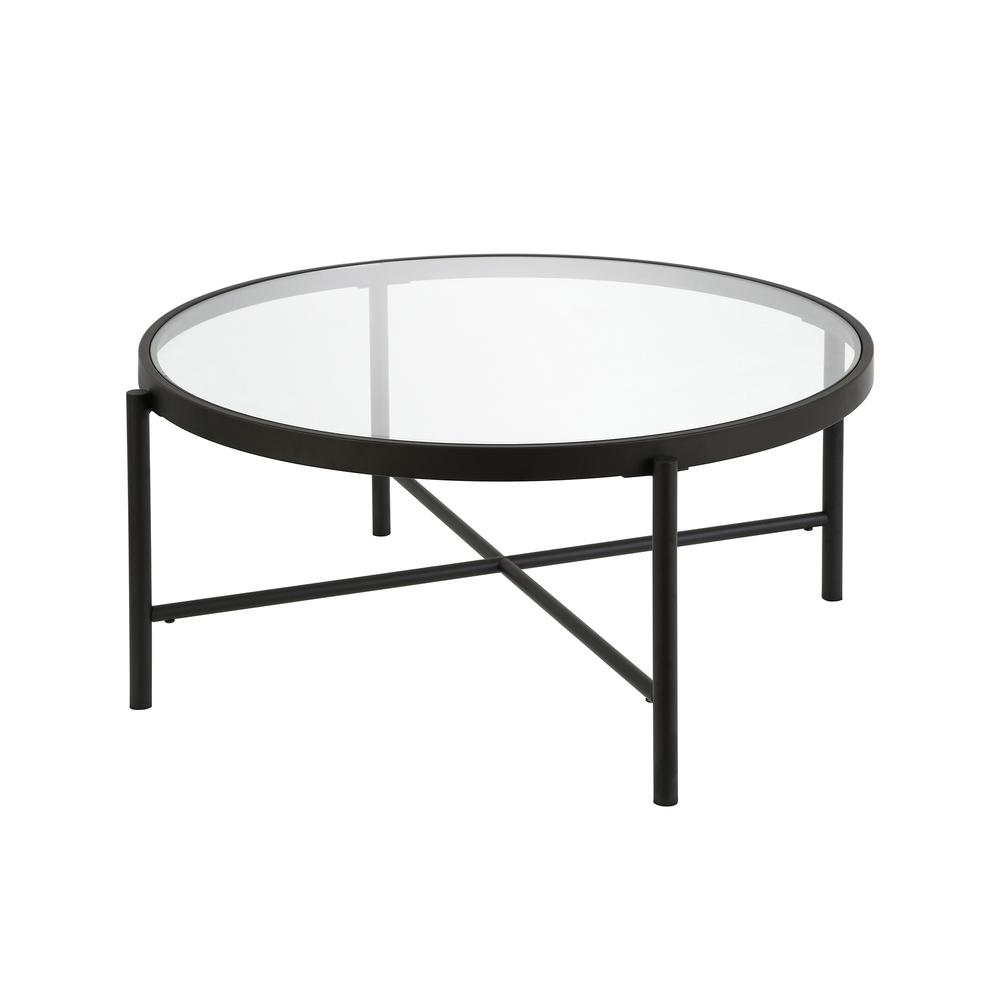 36" Black Glass And Steel Round Coffee Table. Picture 2
