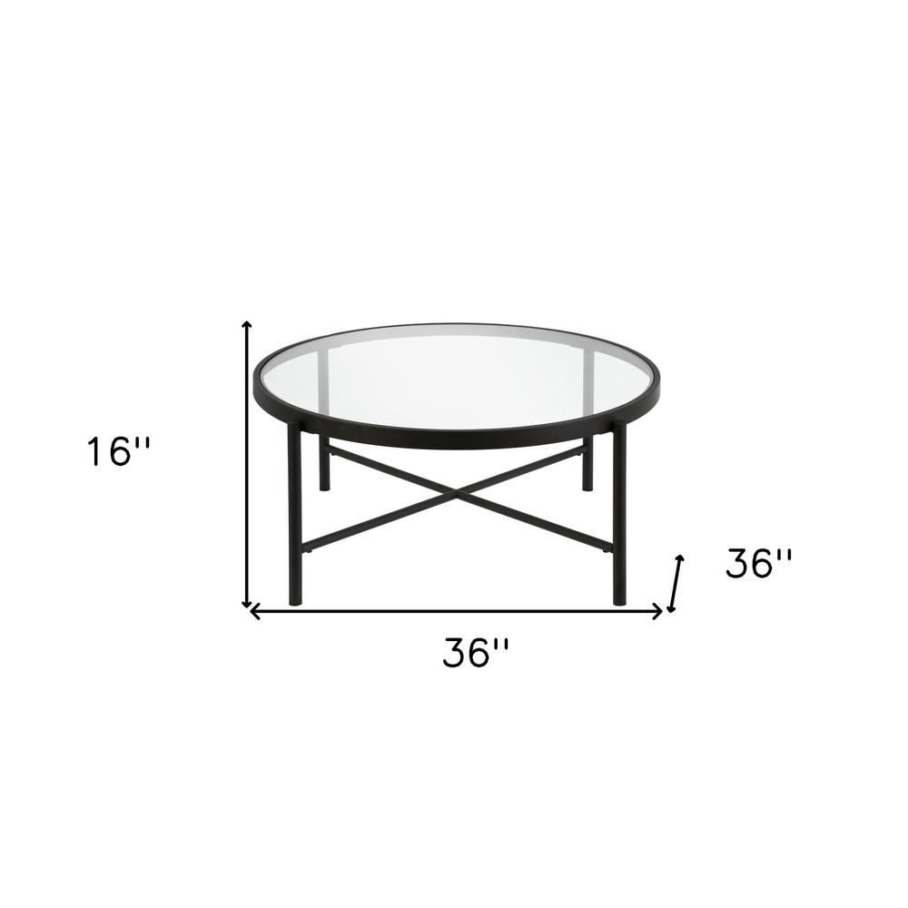 36" Black Glass And Steel Round Coffee Table. Picture 6