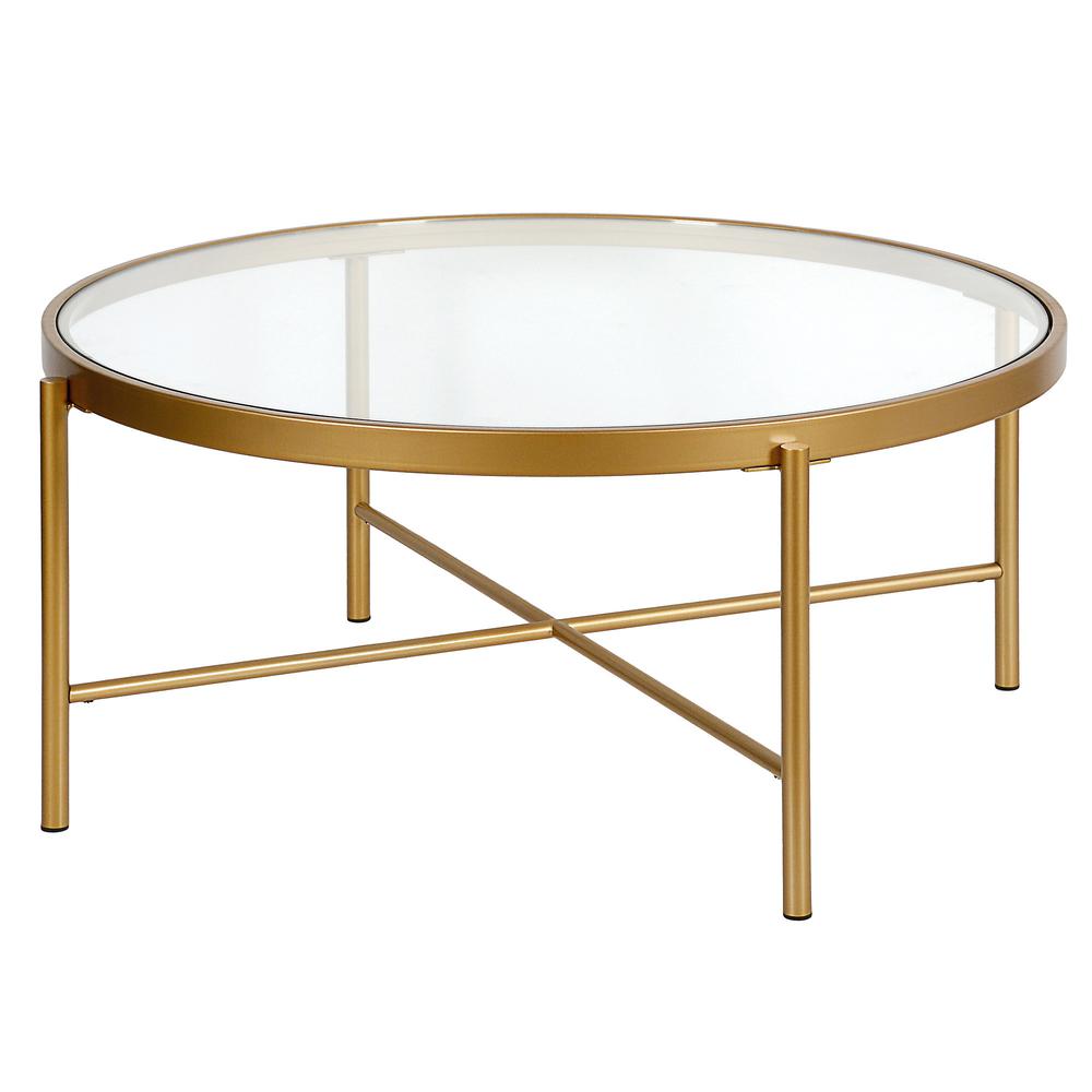 36" Gold Glass And Steel Round Coffee Table. Picture 1
