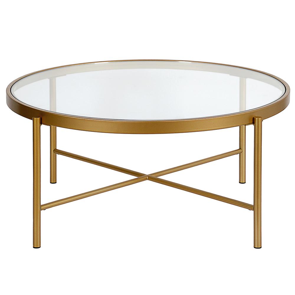 36" Gold Glass And Steel Round Coffee Table. Picture 3