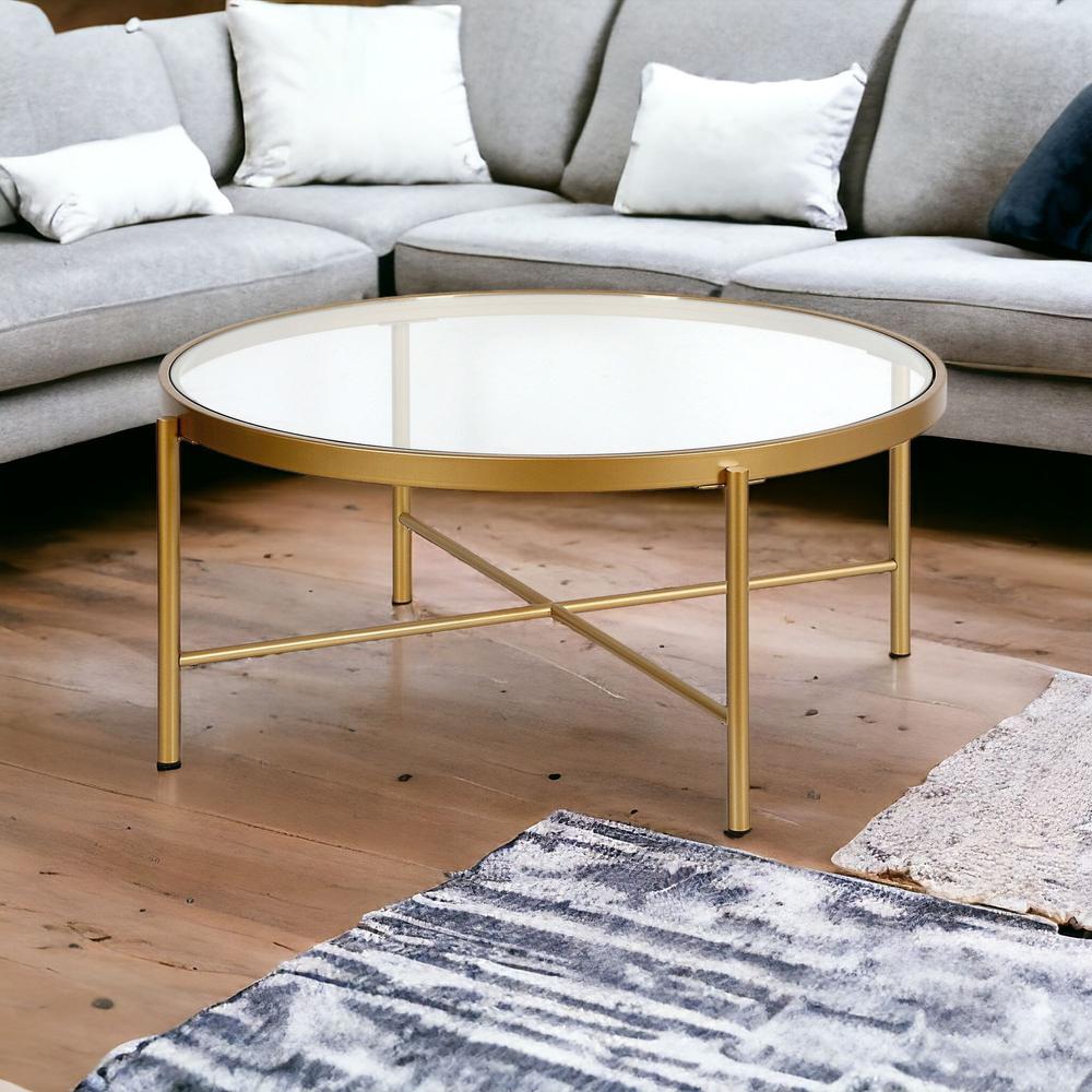 36" Gold Glass And Steel Round Coffee Table. Picture 2