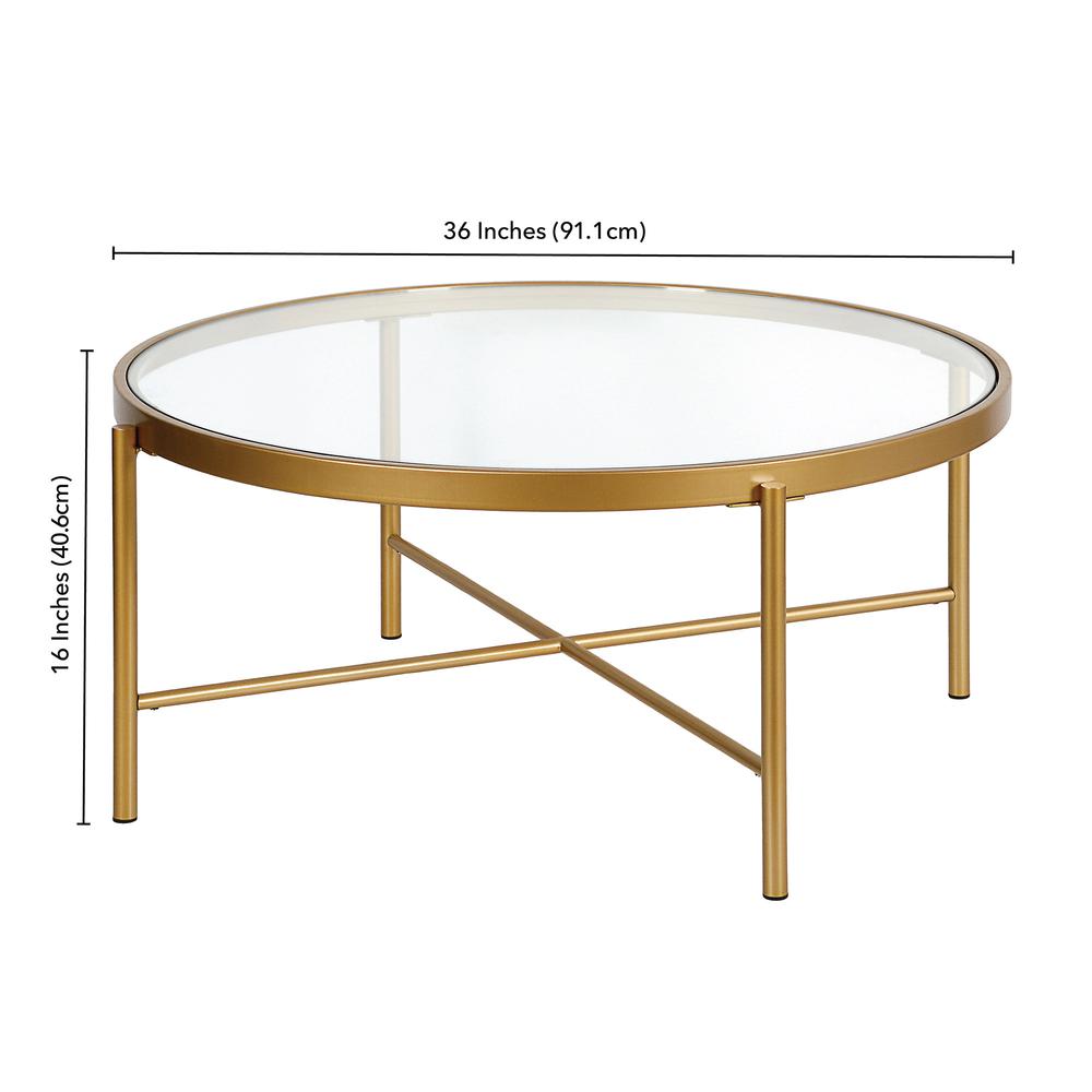 36" Gold Glass And Steel Round Coffee Table. Picture 6