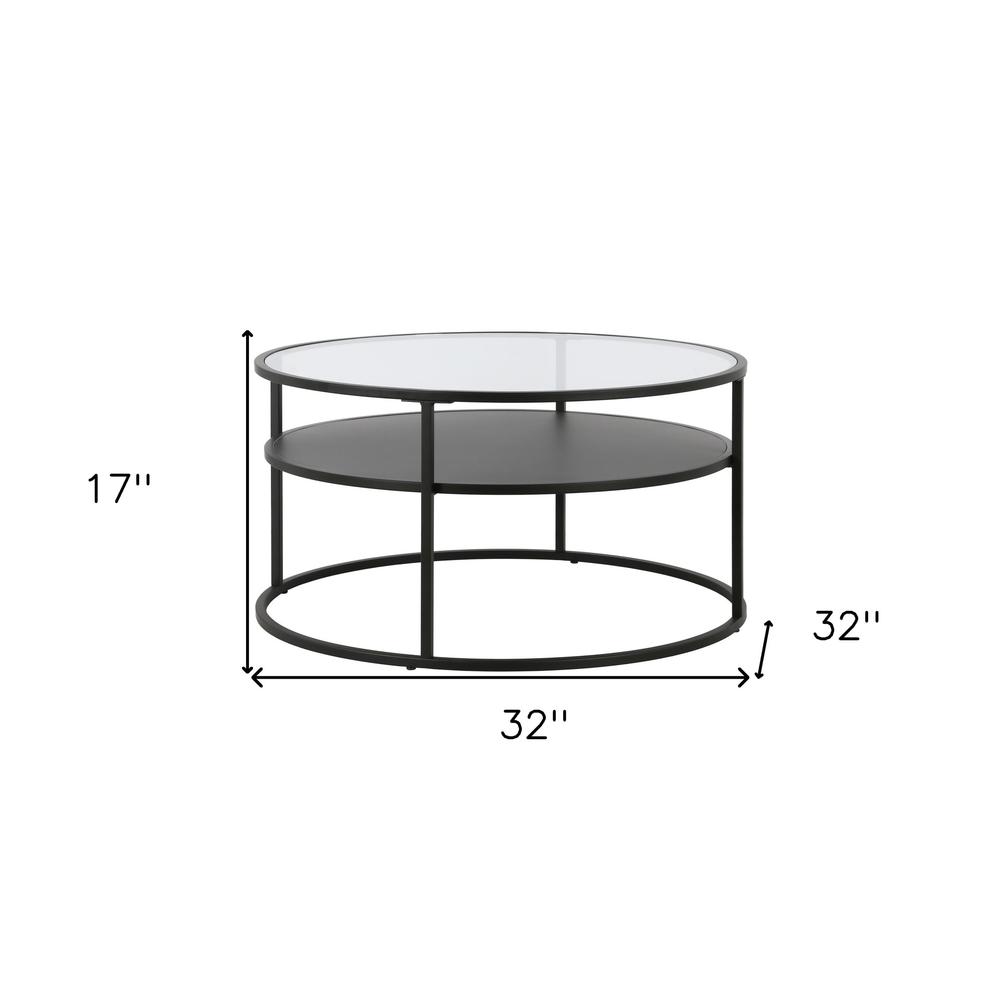 32" Black Glass And Steel Round Coffee Table With Shelf. Picture 7