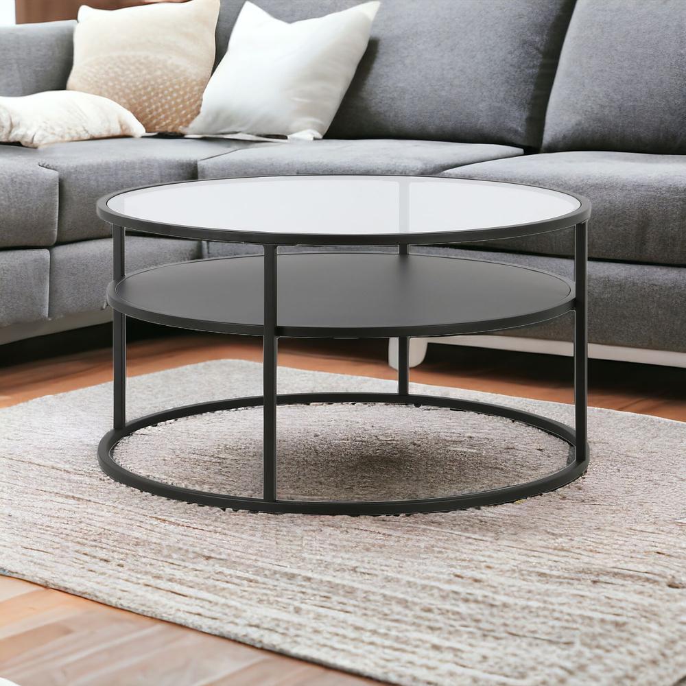 32" Black Glass And Steel Round Coffee Table With Shelf. Picture 2