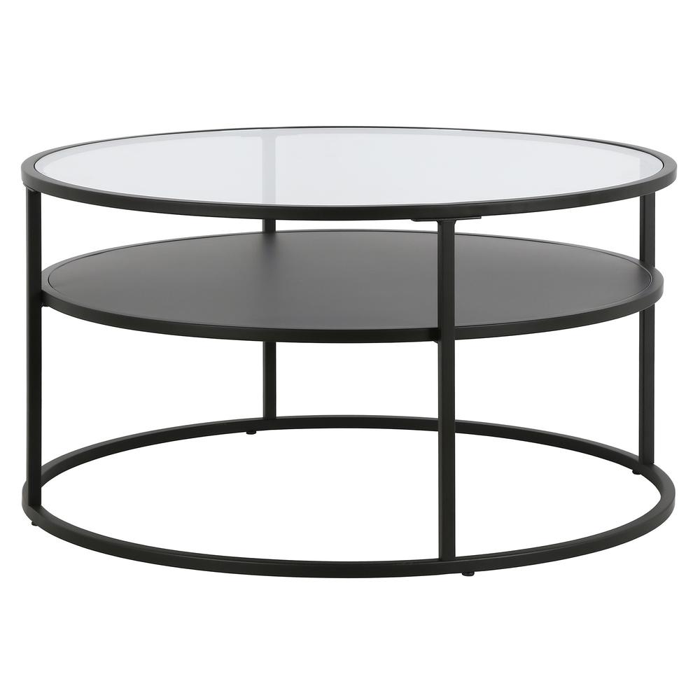 32" Black Glass And Steel Round Coffee Table With Shelf. Picture 4
