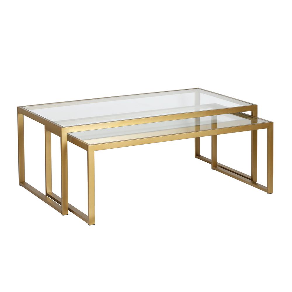 Set of Two 46" Gold Glass And Steel Nested Coffee Tables. Picture 1