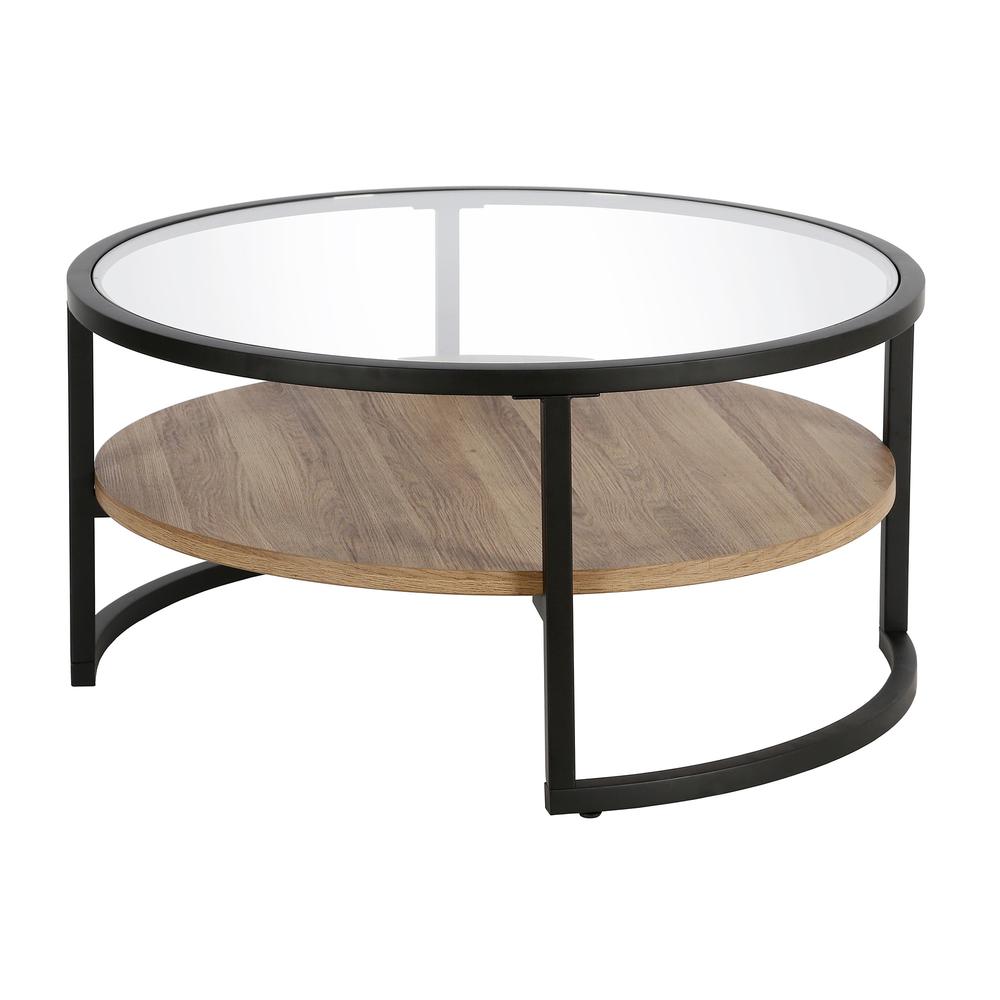 34" Brown And Black Glass And Steel Round Coffee Table With Shelf. Picture 3